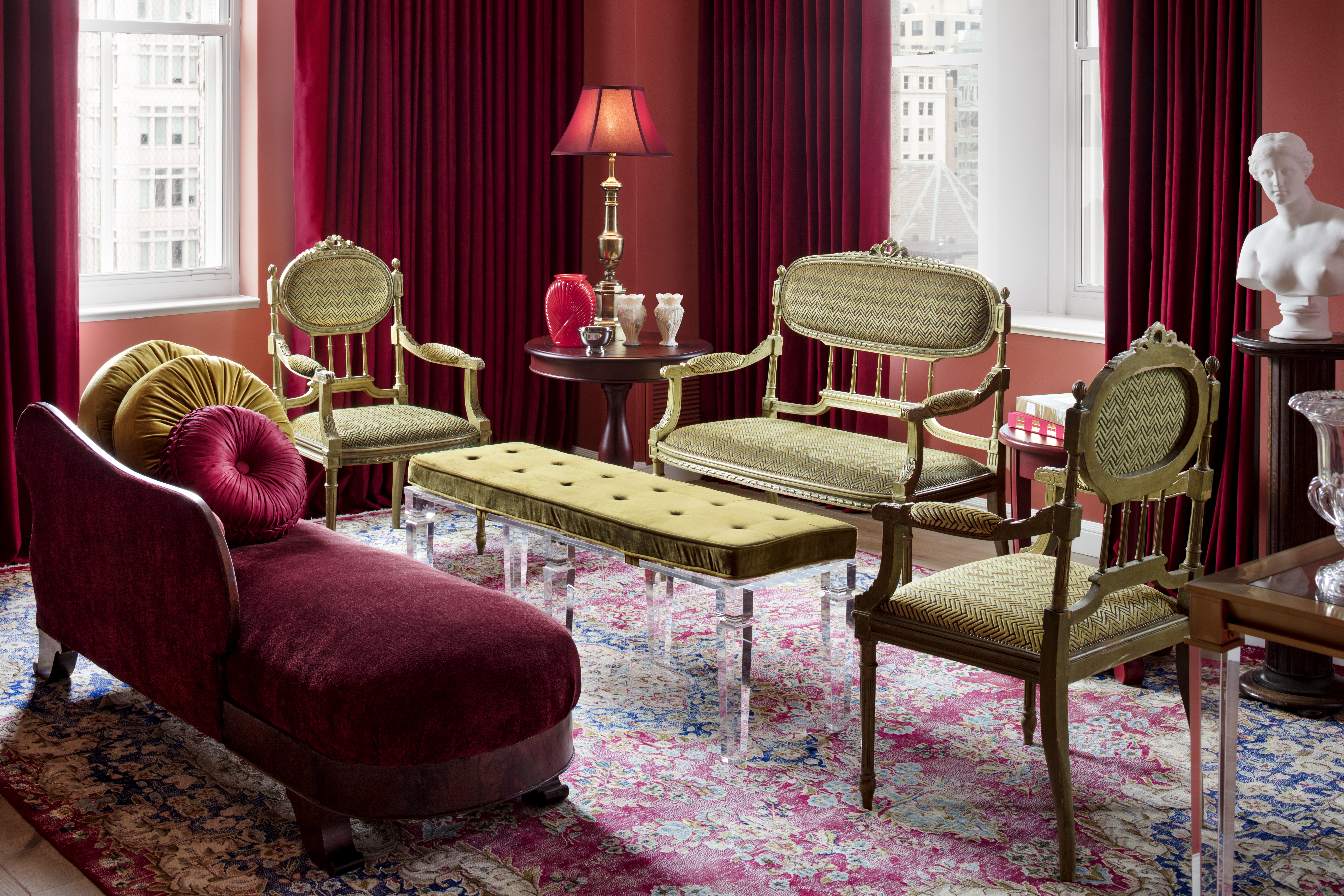 Homage to the First Lady Angelica Van Buren, the suite's living room is decorated with historical elegance and extravagance.