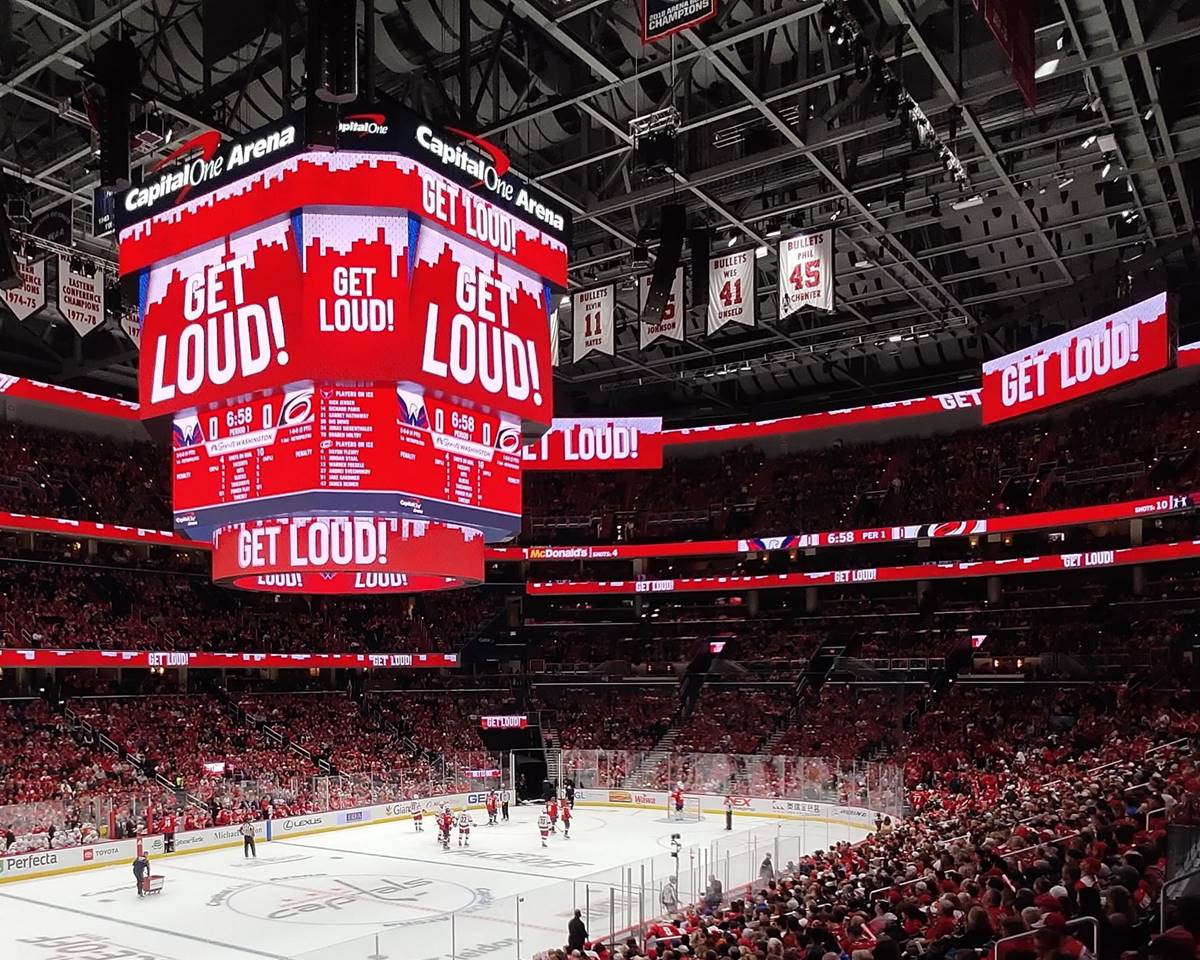 Capital One Arena, highlighting the ice hockey rink and bustling atmosphere.